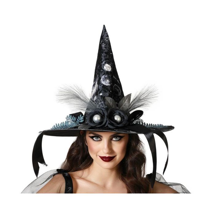 Sombrero De Bruja Negro Con Plumas, Flores Y Perlas Para Mujer Adulta