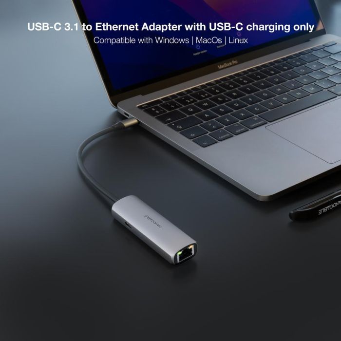 Nanocable Adaptador USB-C 3.1 a RJ45 Gigabit Ethernet con Power Delivery 100W, Aluminio Gris, 18 cm 2
