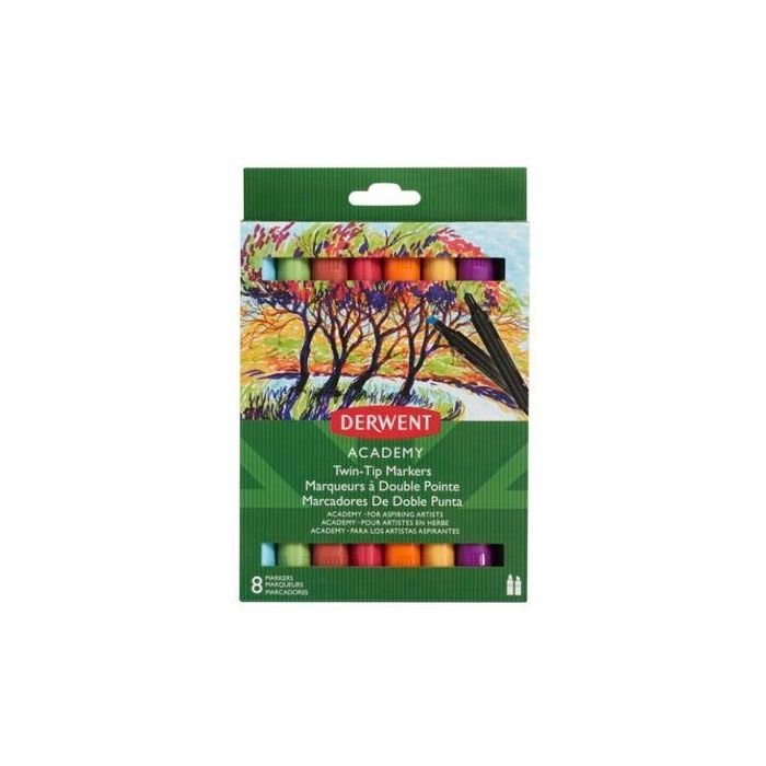 Derwent Academy Estuche 8 Rotuladores Doble Punta Fina y Biselada, Colores Surtidos
