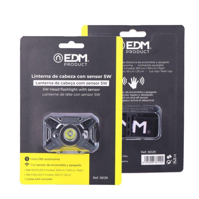 Edm Linterna de cabeza LED con sensor, 7 tipos de luz, 5W/1W, 200LM-25LM, luz roja, inclinación ajustable, 8500K, 3xAAA 4