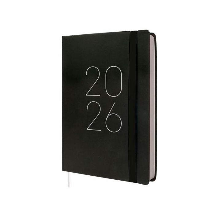 Finocam Fa5-148x210 mm Agenda Flexi Lisa 1 Día por Página Tapa Blanda Negro 2026 con Goma Elástica y Cinta Punto