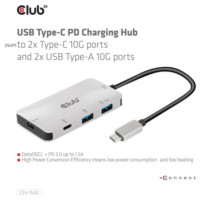 Club 3D CSV-1543 Adaptador Hub USB-C a 2x USB-C + 2x USB-A 3.2 Gen 2 con Carga de 100 W, Plata y Negro Club 3D CSV-1543 Adaptador Hub USB-C a 2x USB-C + 2x USB-A 3.2 Gen 2 con Carga de 100 W, Plata y Negro