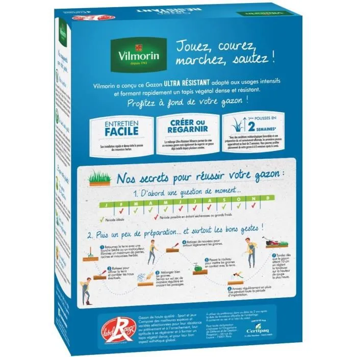 Vilmorin VIL3182670261480 Semillas de Césped Ultra Resistentes - Etiqueta Roja - Resistente al Pisoteo - Caja 1kg 1
