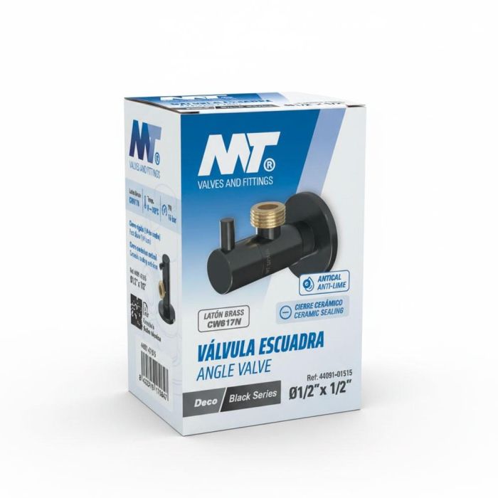 MT Válvula Escuadra Modelo Deco con Cierre Cerámico, Mando Redondo Antical, Negro, Roscas ½ x 3/8 Pulg