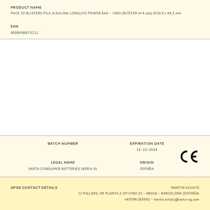 Pila Alcalina Varta CD4BKKD13-P AAA 1,5V High Energy (8 pcs) 1 Pila Alcalina Varta CD4BKKD13-P AAA 1,5V High Energy (8 pcs) 1