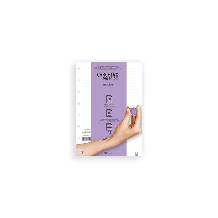 Carchivo Recambio Cuaderno Ingeniox A5 50 Hojas Extraíbles 100 gr Pautado 7 mm