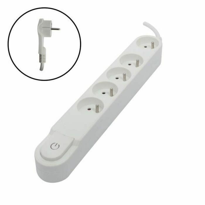 Chacon Regleta 5 tomas con interruptor de pie, enchufe plano, 16A, 3500W, cable 1.5m HO5VV-F 3x1.5mm², blanca