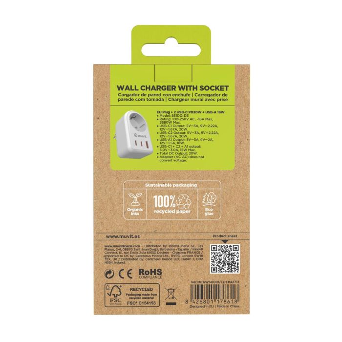 muvit for change enchufe 2 Tipo C 20W + 1 USB blanco 2 muvit for change enchufe 2 Tipo C 20W + 1 USB blanco 2
