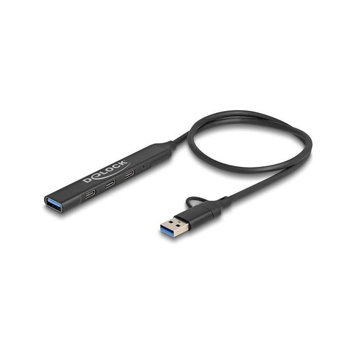 DeLOCK 64272 Hub USB 4 Puertos Slim - 3x USB-C + 1x USB-A 5 Gbps USB 3.2 Gen 1, Negro, Metal, Cable 0.5 m 1