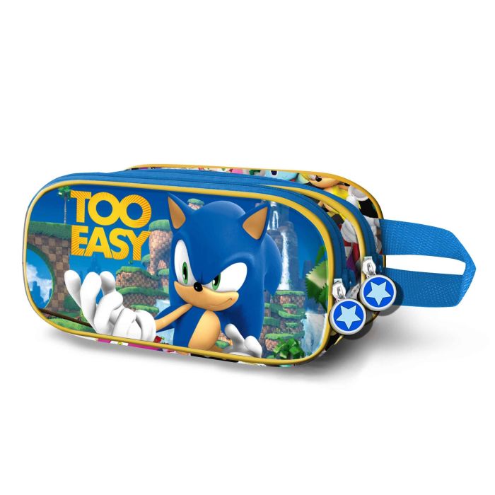 Sonic The Hedgehog Estuche Portatodo Escolar Doble 3D con Relieve y Cremallera Azul de Poliéster y EVA