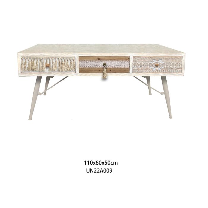 DKD Home Decor Mesa Centro Boho Blanco Natural Ancho 110 x Largo 60 x Alto 50 cm con 2 Cajones y Desmontable, Abeto y Algodón