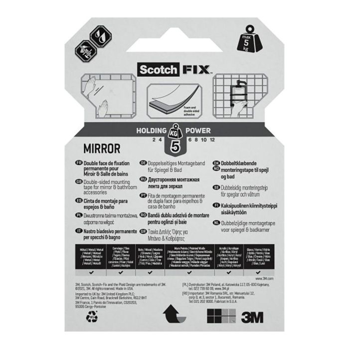 Scotch Cinta doble cara montaje espejos, 19mmx1,5m, 4496w-1915-p, máx 5 kg 2