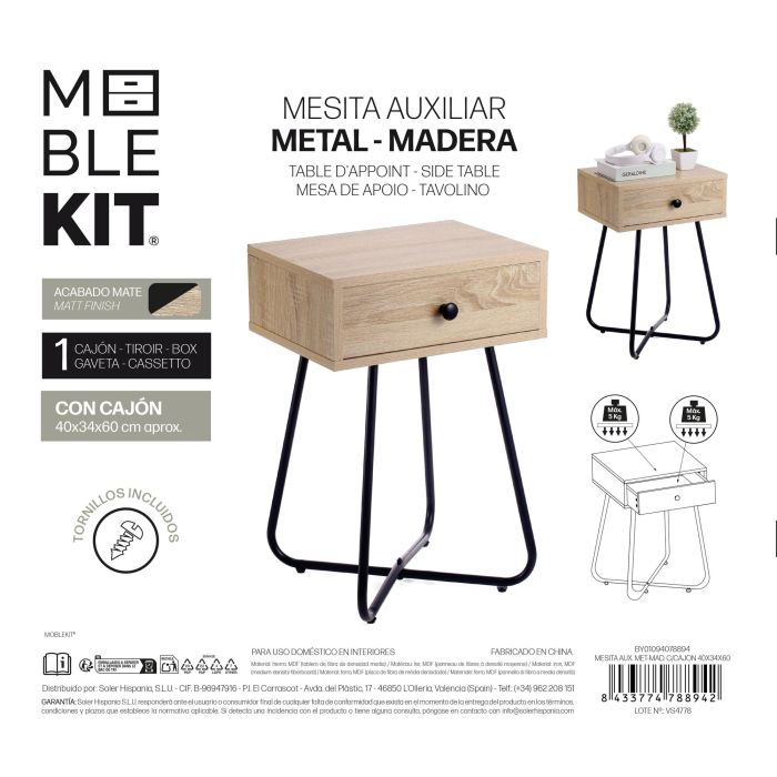 Mesita Aux.Met-Mad.C/Cajon 40X34X60 Moblekit (3 Unidades) 3 Mesita Aux.Met-Mad.C/Cajon 40X34X60 Moblekit (3 Unidades) 3