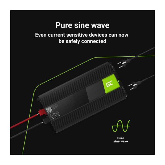 Green Cell INV21 Inversor de Corriente para Coche 24V a 230V, 6000W Pico, Convertidor DC a AC, Negro