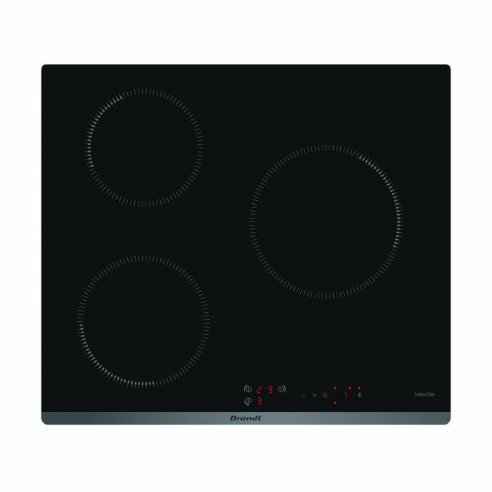 Brandt BPI6310B Placa de inducción 3 zonas, 4600W, Controles electrónicos, Temporizador, Seguridad, 58x51cm, Vidrio Negro