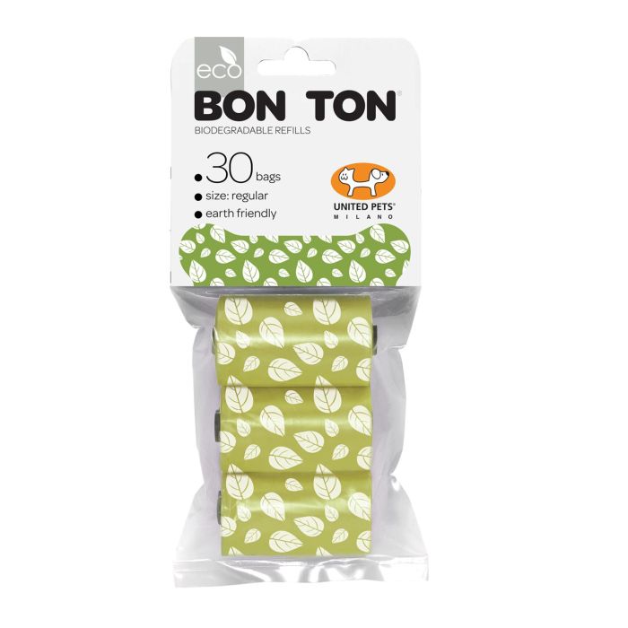 United Pets Bolsas de Recambio Biodegradables para Dispensador Bon Ton Regular Color Verde - 3 Rollos de 10 Bolsas de Plástico