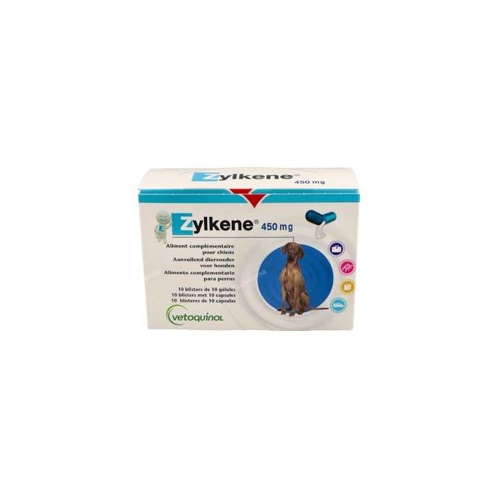 Vetoquinol Zylkene 450 mg 100 Cápsulas - Ansiolítico Natural para Perros y Gatos