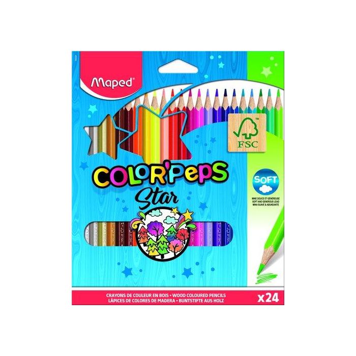 Maped Lápices de colores triangulares, mina resistente, caja de 24 unidades, colores surtidos, ideal para niños