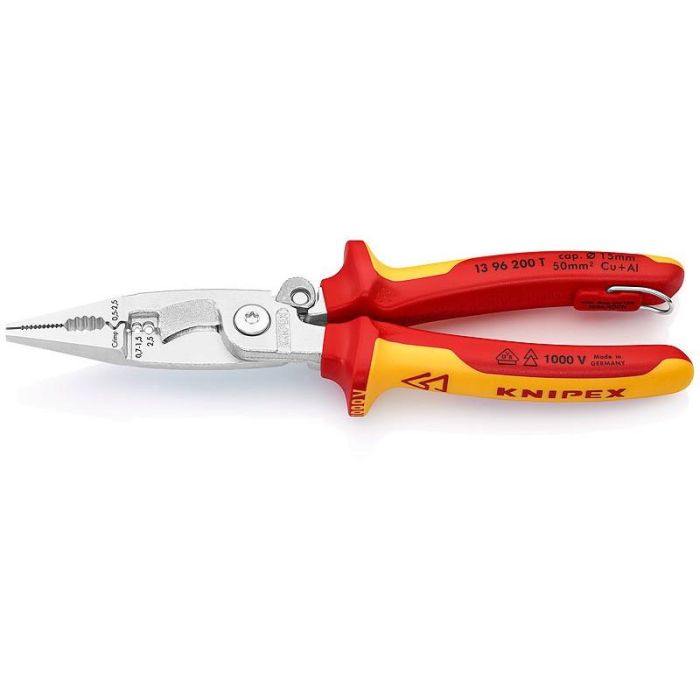 Knipex 13 96 200 T Alicates de Instalación Eléctrica VDE 1000V con Cuerda de Fijación, Acero y Plástico, 200 mm