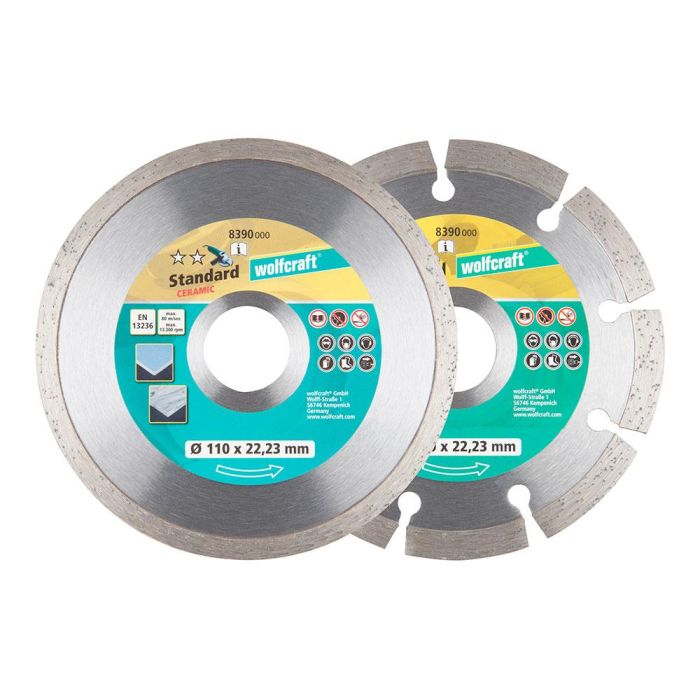 Wolfcraft 8390000 - Set 2 Discos Diamantados de Corte Ø110mm para Ladrillo, Piedra, Azulejos y Mármol - Agujero 22.23mm