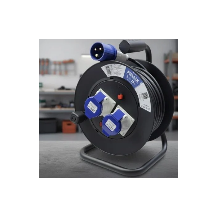 Phasak Regleta Enrollable BN 3475 | 2 Enchufes Industriales 2P+TT | Cable 25m | Negro y Azul | Protección Sobretensiones | 3000W 1