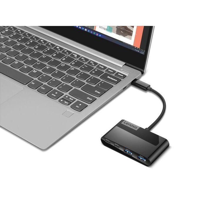 Lenovo Hub USB-C de 4 Puertos con USB 3.0 y USB-C para Portátiles, Conecta Ratón, Teclado y Dispositivos USB