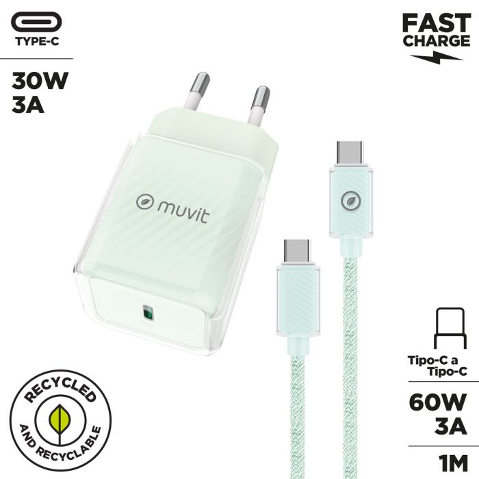 Cargador de Pared + Cable USB-C Muvit for Change Glass GaN Verde 2 Cargador de Pared + Cable USB-C Muvit for Change Glass GaN Verde 2