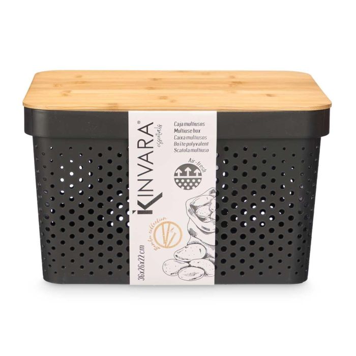 Caja Multiusos Perforada Tapa Bambu Grd Negra 22Cm Kinvara (4 Unidades) 2 Caja Multiusos Perforada Tapa Bambu Grd Negra 22Cm Kinvara (4 Unidades) 2