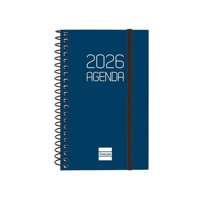 Finocam E3-79x127 mm Svh Agenda Espiral Opaque Día Página Azul 2026 con Tapa PP y Goma Elástica