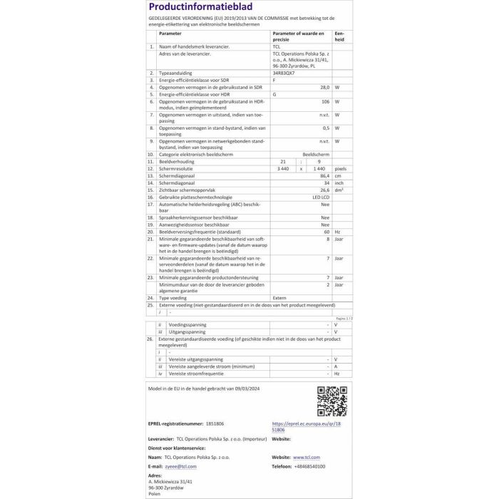 TCL Monitor Gaming Curvo 34R83Q 34" QD-Mini LED WQHD 170Hz 1ms 1500R AMD FreeSync Premium Color Blanco y Negro 28