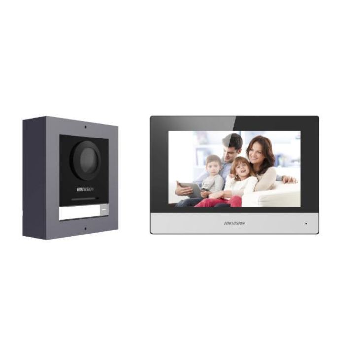 Hikvision DS-KD8003-IME1(B)/Surface DS-KH6320-WTE1 Kit Videoportero IP Villa 1 Botón con Monitor, Switch PoE y Tarjeta TF 16GB