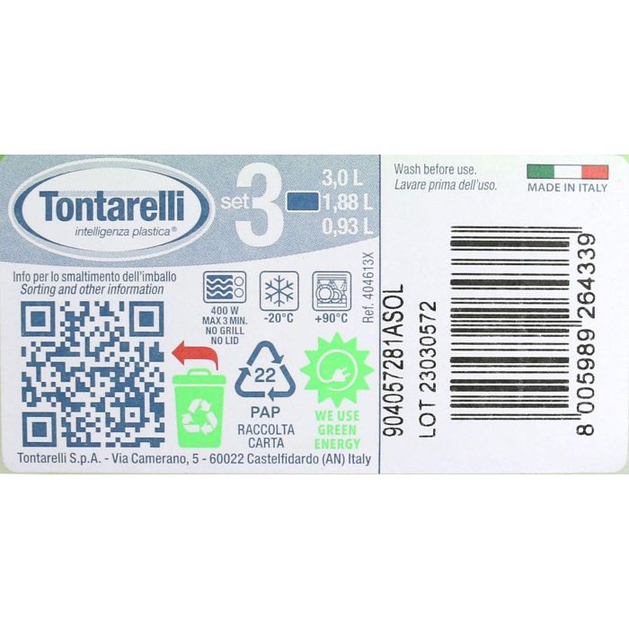 Tontarelli Set 3 Fiambreras Rectangulares 1L/2L/3L Tapa Verde Family (20 Cajas)