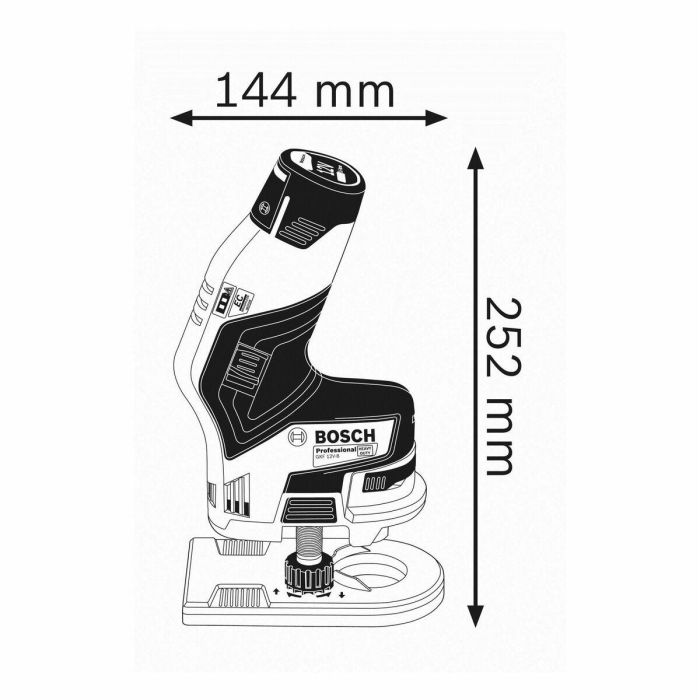 Bosch GKF 12V-8 Fresadora de cantos a batería 12V, incluye pinza y llave. Diseño ergonómico, 13000 RPM, boquilla 8mm. 1