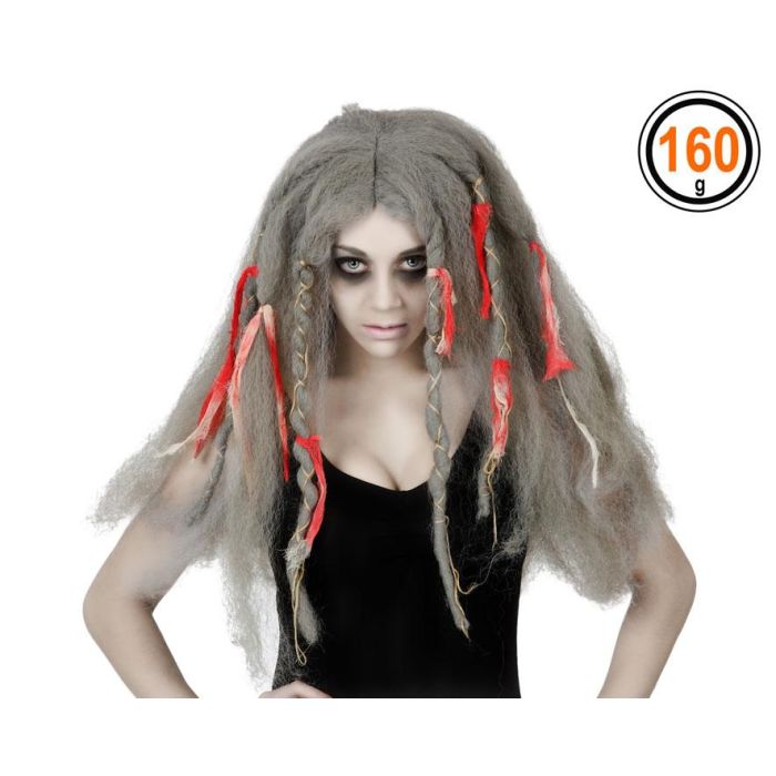 Peluca Halloween Pelo Largo Gris Con Cintas