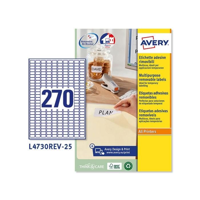 Avery Etiquetas Adhesivas Removibles Mini 17,8x10 mm Inkjet-Láser 270 X 25H Blanco