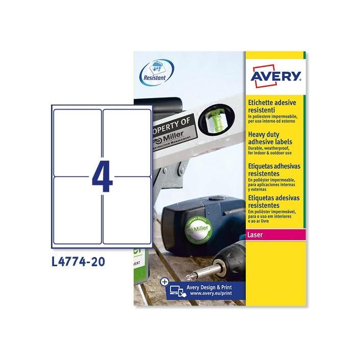 Avery etiquetas permanentes extra resistentes 99,1x139mm láser 4 x 20h poliéster blanco