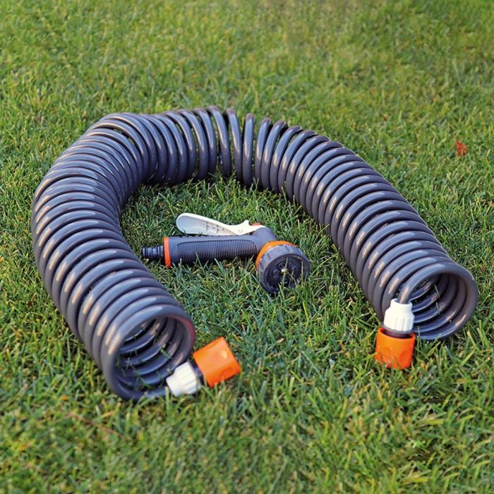 Edm Kit manguera espiral Riega fácil 15m Ø9mm, presión máxima 8 bar, incluye adaptador para grifo y pistola con 7 modos de pulverización 1 Edm Kit manguera espiral Riega fácil 15m Ø9mm, presión máxima 8 bar, incluye adaptador para grifo y pistola con 7 modos de pulverización 1