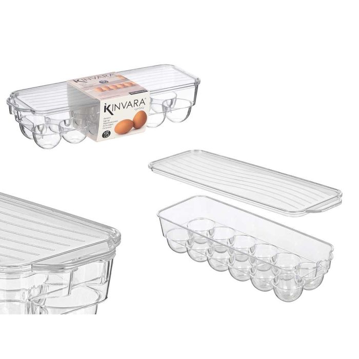 Kinvara Huevera de plástico Transparente con Tapa Alargada para 12 Cavidades 32.5x7.5x11.5 cm (Set de 12)