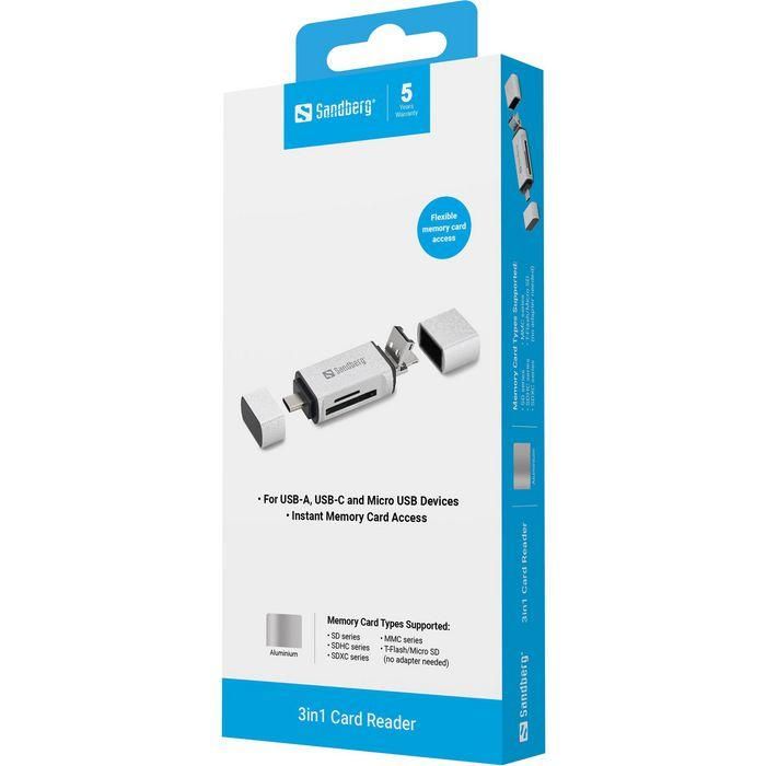 Sandberg Lector de Tarjetas Inteligentes Universal USB-C, USB-A, MicroUSB para SD/Micro SD - Móvil, Tablet, PC - Aluminio 2