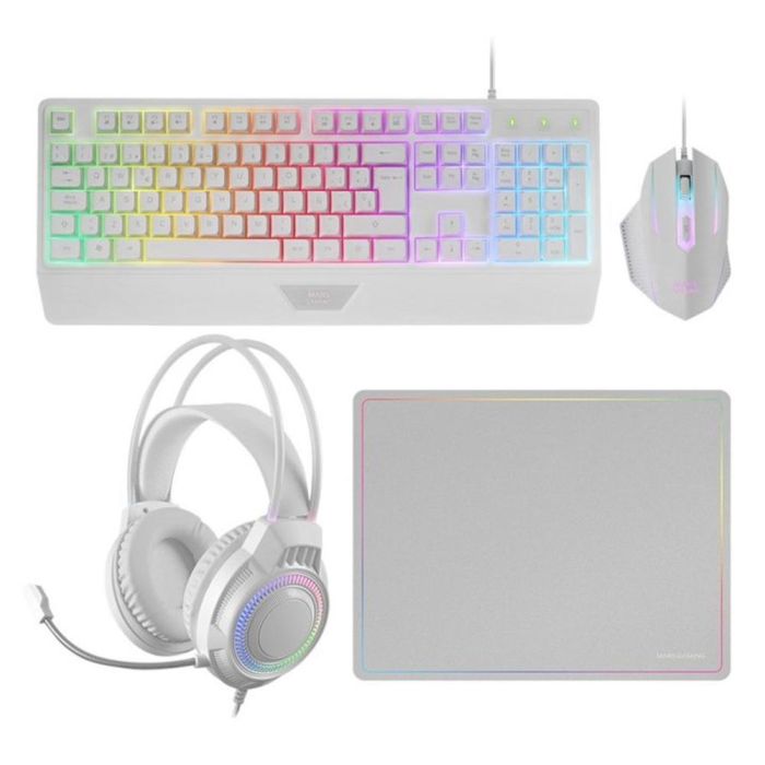 Mars gaming Kit MCP124PROWES Blanco - Pack Gaming 4 en 1 Teclado Ratón Auriculares Alfombrilla RGB
