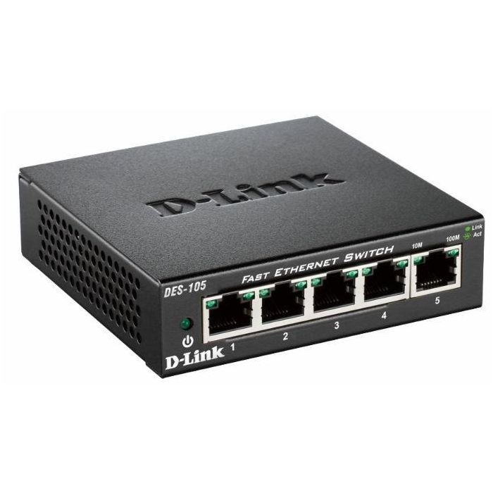 D-Link DES-105 Switch Conmutador de Red 5 Puertos Fast Ethernet 10/100 Mbps RJ-45 Plug & Play, Silencioso con Carcasa Metálica y QoS