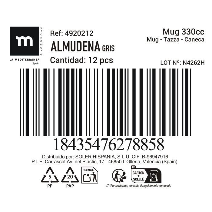 La Mediterranea Mug 330 cc Gris "Almudena" - 8.5 x 11 x 12.5 cm (36 Unidades) 2