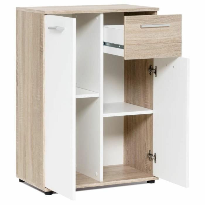 Jacky Mueble de Almacenamiento Clásico con 2 Puertas y 1 Cajón, blanco mate y decoración roble, melamina – Ancho 60 cm 1
