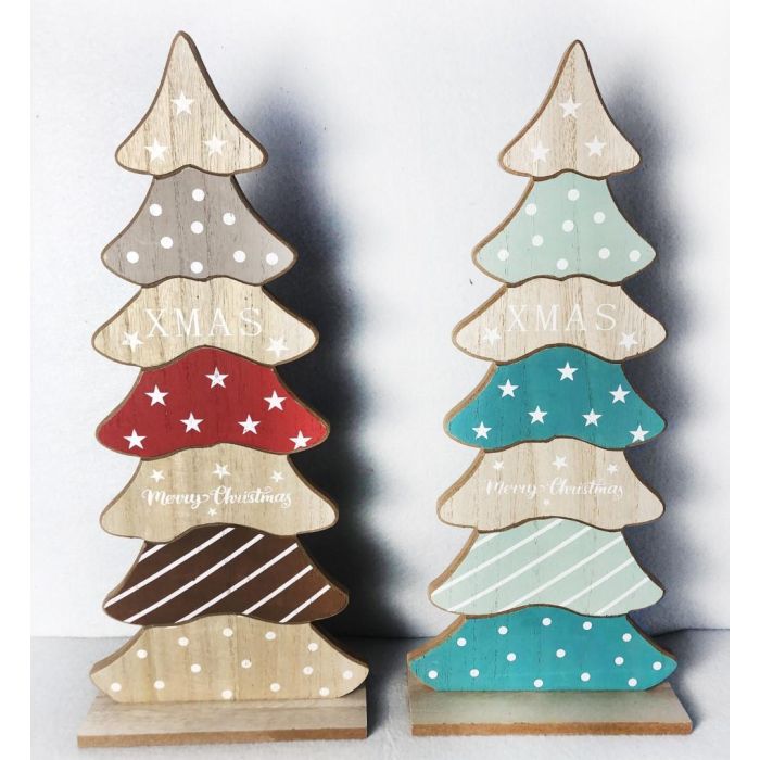 DKD Home Decor Adorno de Navidad Tradicional Árbol Madera Azul Rojo 8x45x19 cm, Pack 6 Unidades, Surtido Aleatorio