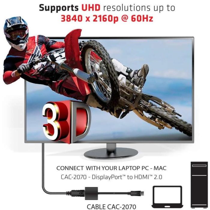 Club3D Adaptador DisplayPort 1.2 a HDMI 2.0 Activo 4K 60Hz - Conector St/Bu - Negro - 0.21m para PC/Mac 3 Club3D Adaptador DisplayPort 1.2 a HDMI 2.0 Activo 4K 60Hz - Conector St/Bu - Negro - 0.21m para PC/Mac 3