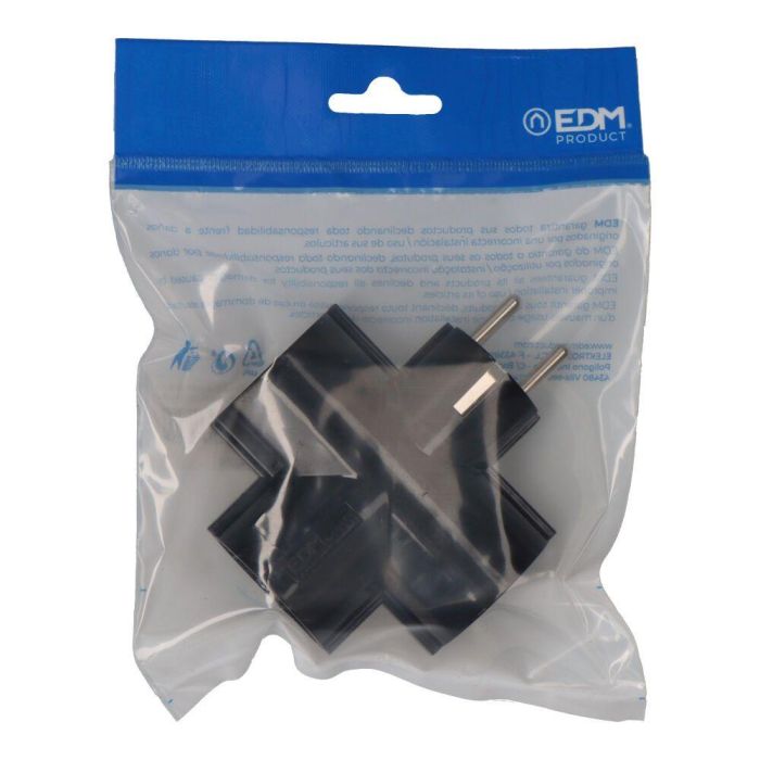 Edm Clavija Triple Schuko T/TL 4.8mm 16A 250V Máx 3680W Baquelita Negra Envasada Edm Clavija Triple Schuko T/TL 4.8mm 16A 250V Máx 3680W Baquelita Negra Envasada