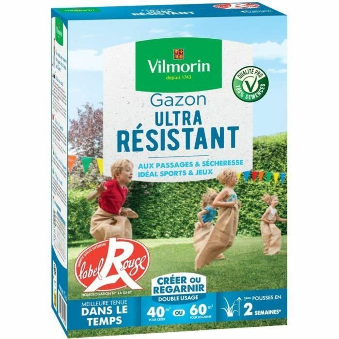Vilmorin VIL3182670261480 Semillas de Césped Ultra Resistentes Etiqueta Roja - Resistente al pisoteo - Caja de 1kg