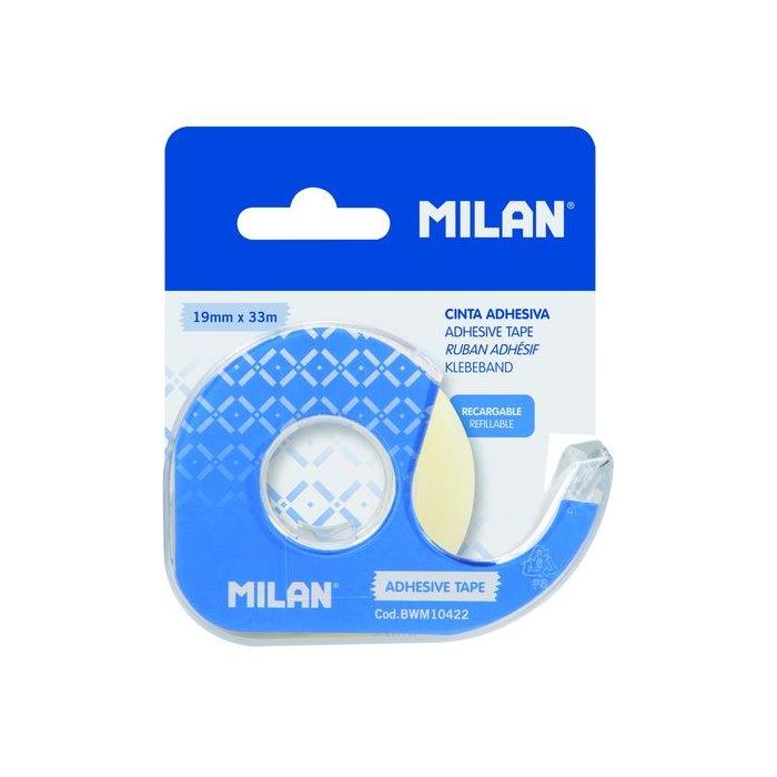 Milán Dispensador azul de cinta adhesiva transparente 19 mm x 33 m con hoja de corte metálica