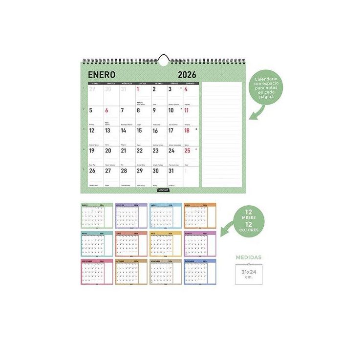 Calendario (2026) Senfort Pared Diamante Apaisado Mensual Para Escribir 310X240
