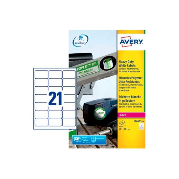 Avery etiquetas adhesivas permanentes 63,5x38,1mm láser 21 x 20h poliéster blanco